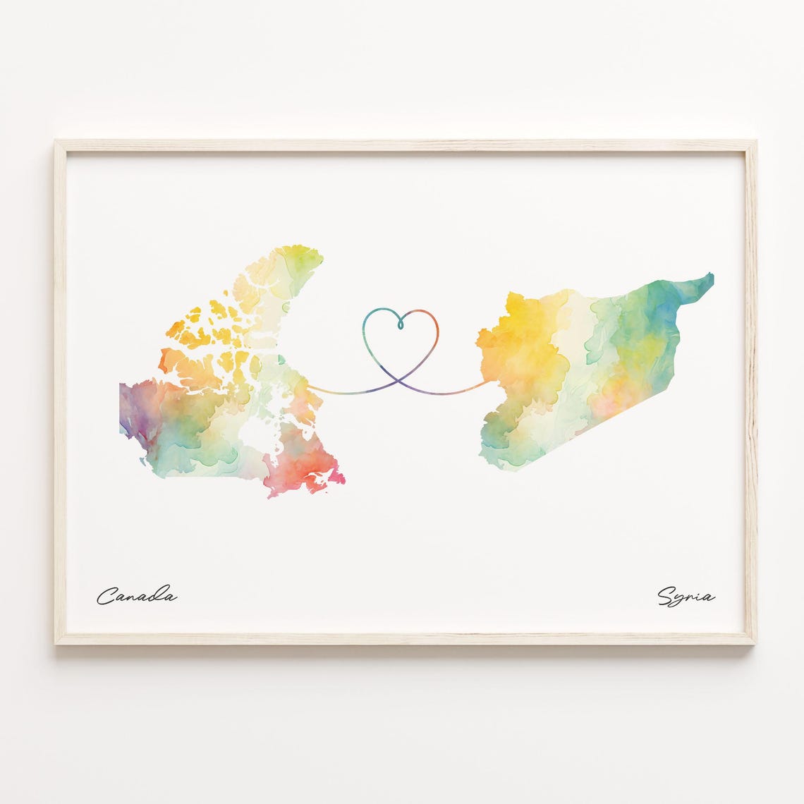 Canada to Syria Watercolor Heart Connection Map Keepsake Poster