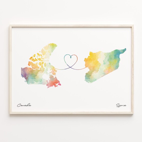 Canada to Syria Watercolor Heart Connection Map Keepsake Poster