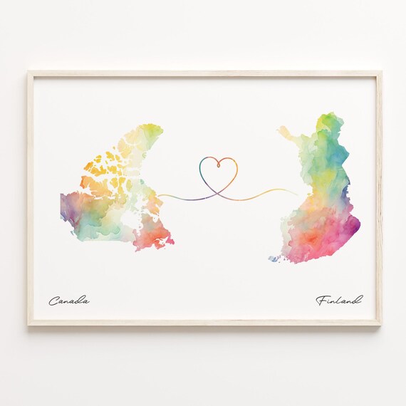 Canada To Finland Watercolor Heart Map Long Distance Love Wall Art