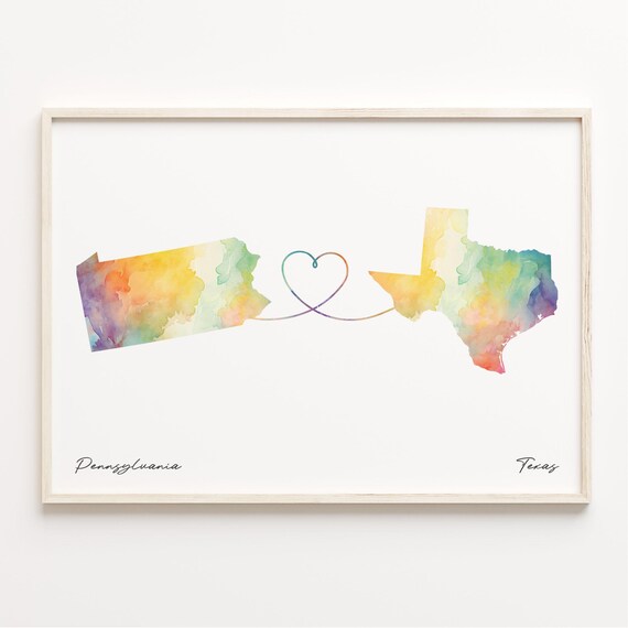 Pennsylvania Texas Watercolor Heart Map Long Distance Love Print