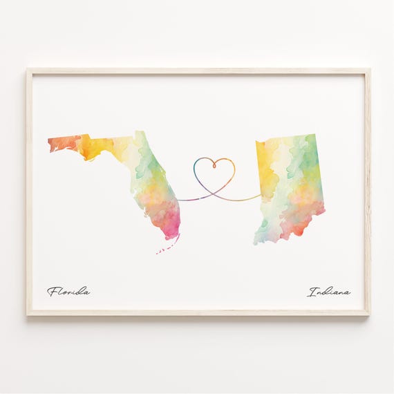 Florida To Indiana Watercolor Map Travel Poster
