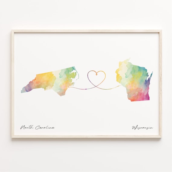 North Carolina to Wisconsin Watercolor Map Love Heart Art Poster