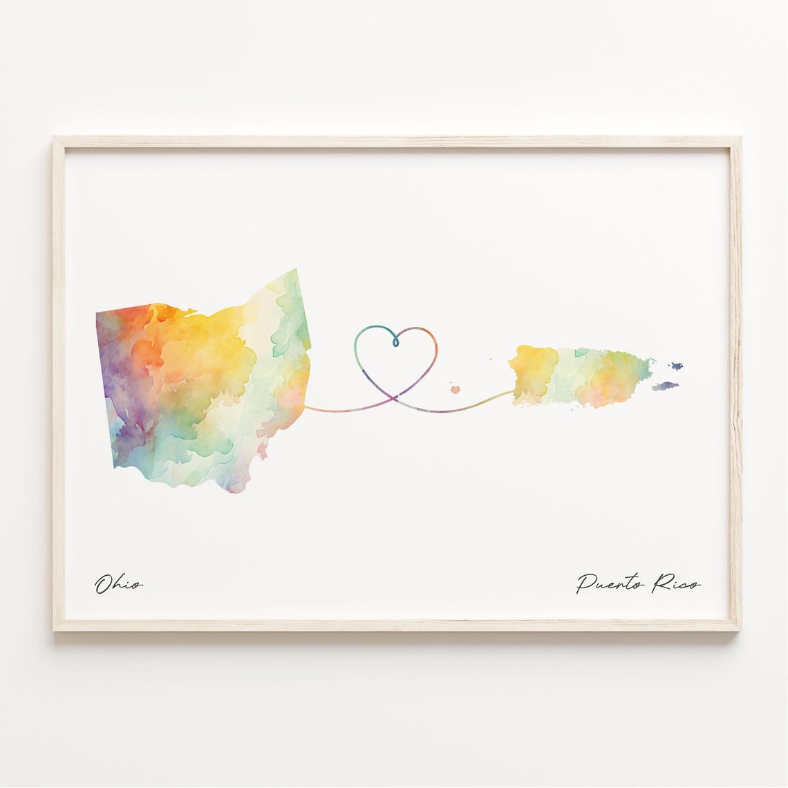 Ohio to Puerto Rico Watercolor Heart Map Long Distance Love Print