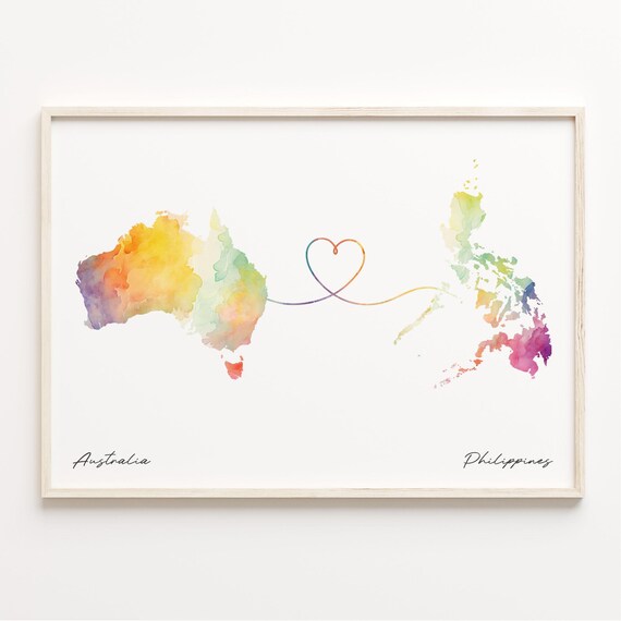 Australia To Philippines Watercolor Heart Map Long Distance Love Poster