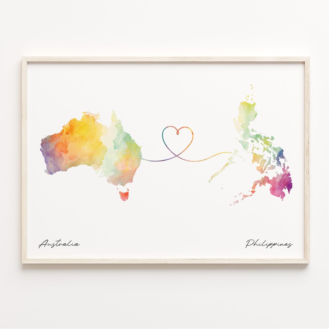 Australia To Philippines Watercolor Heart Map Long Distance Love Poster