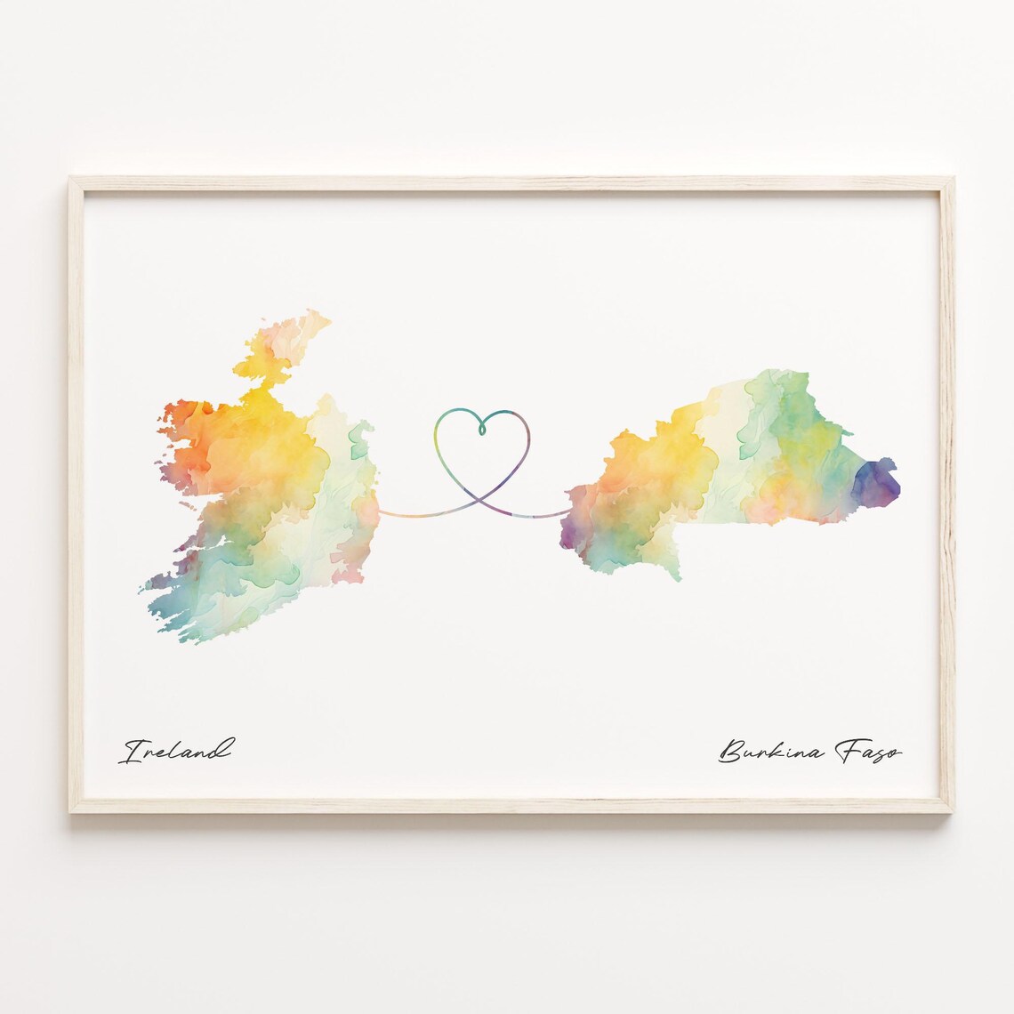 Ireland To Burkina Faso Watercolor Map Heart Line Gift Poster