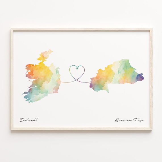 Ireland To Burkina Faso Watercolor Map Heart Line Gift Poster