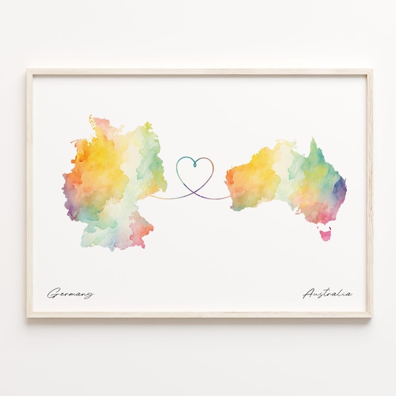 Germany To Australia Long Distance Watercolor Map Heart Line Poster