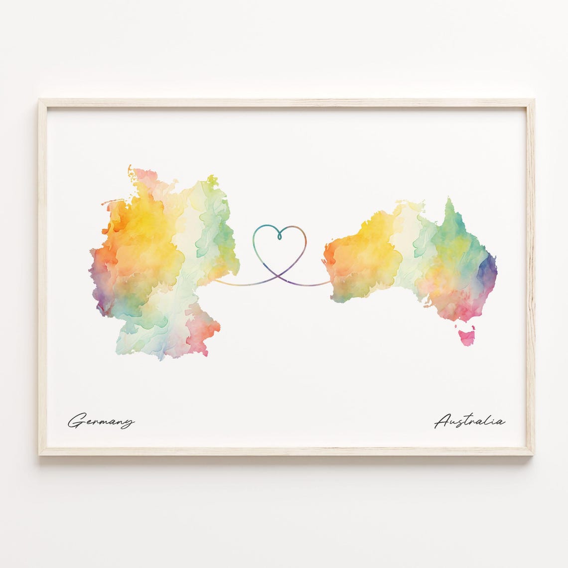 Germany To Australia Long Distance Watercolor Map Heart Line Poster