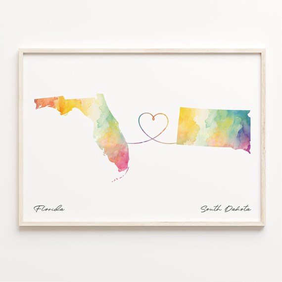 Florida South Dakota Watercolor State Map Heart Connection Poster