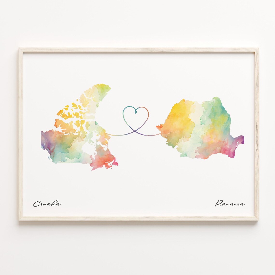 Canada To Romania Watercolor Map Heart Long Distance Love Poster