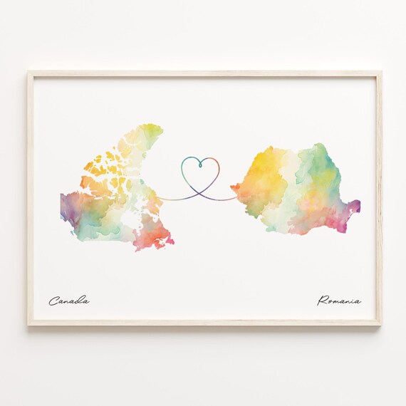 Canada To Romania Watercolor Map Heart Long Distance Love Poster
