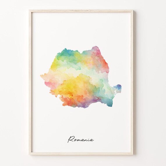 Romania Colorful Watercolor Map Print Minimalist European Country Art