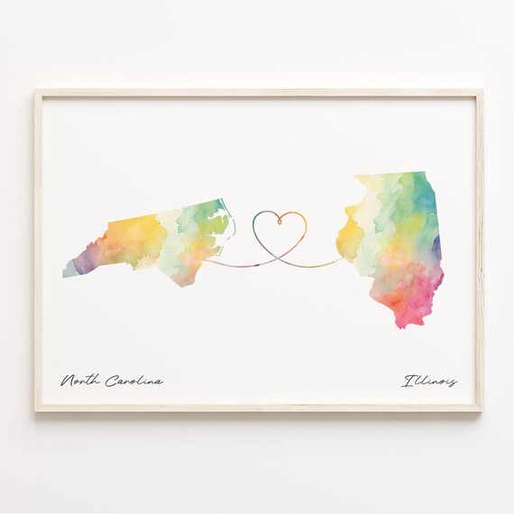 North Carolina to Illinois Watercolor State Map Heart Art Print