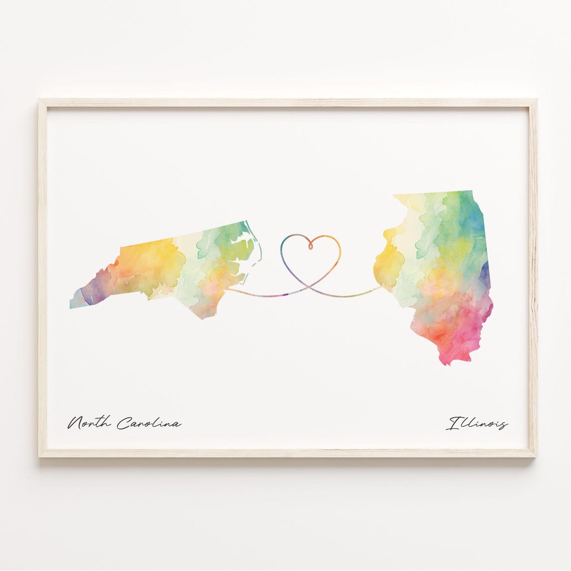 North Carolina to Illinois Watercolor State Map Heart Art Print
