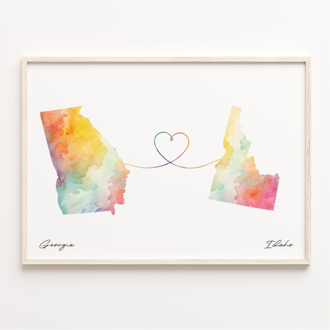 Georgia to Idaho Watercolor State Map Heart Travel Art Print