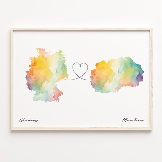 Germany To Macedonia Watercolor Map Linked By A Heart Line Poster