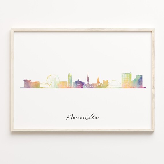 Newcastle Watercolor Skyline Cityscape Rainbow Silhouette Poster