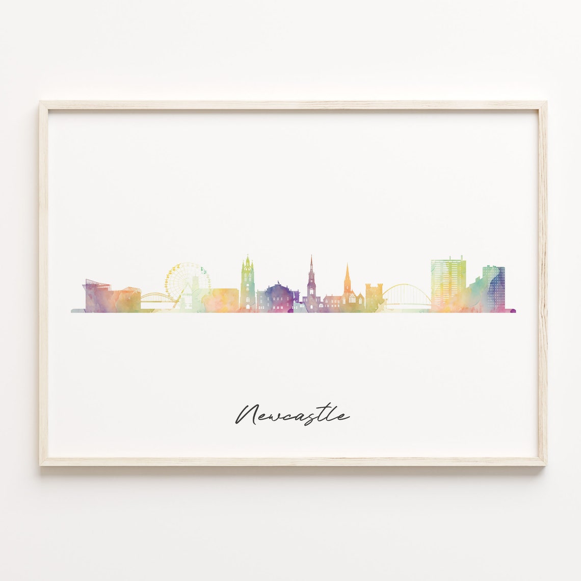 Newcastle Watercolor Skyline Cityscape Rainbow Silhouette Poster
