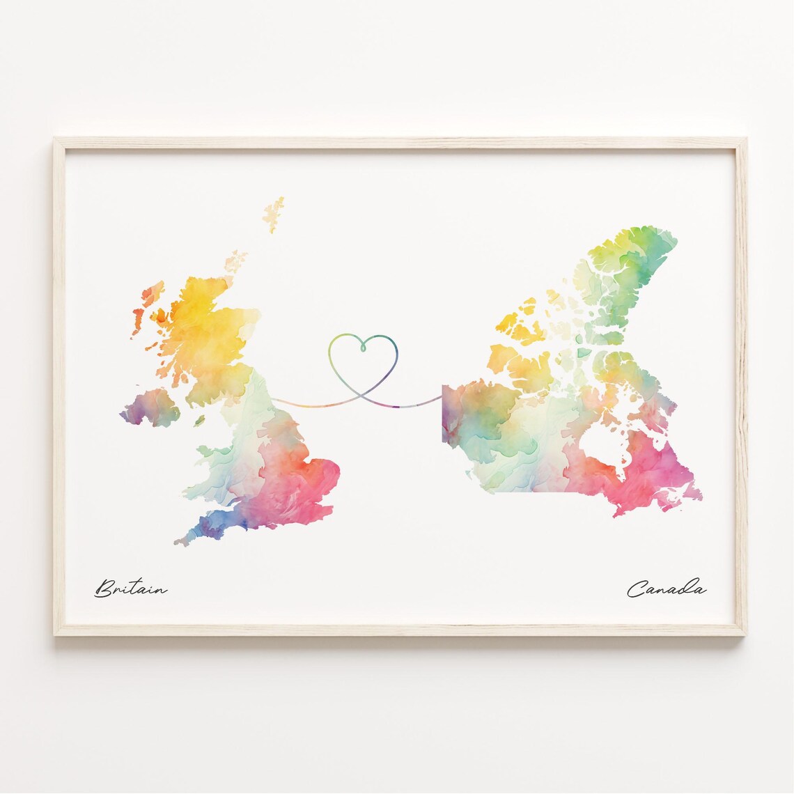 UK to Canada Watercolor Map Poster, Travel Print