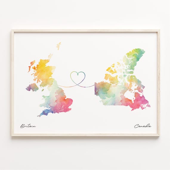 UK to Canada Watercolor Map Poster, Travel Print
