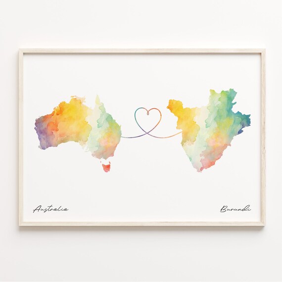 Australia to Burundi Watercolor Map Heart Connection Art Poster