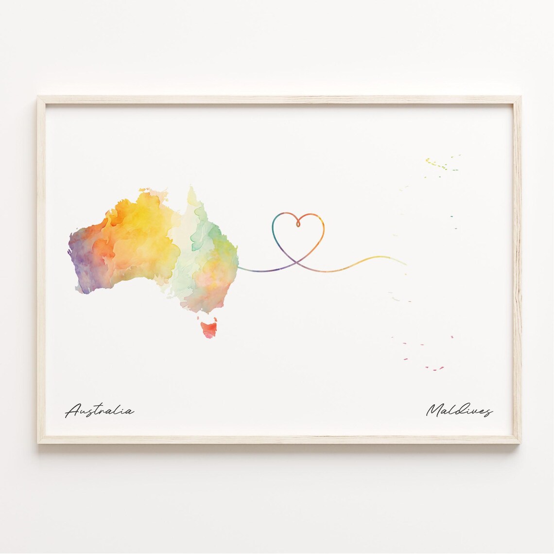 Australia To Maldives Long Distance Love Watercolor Map Print
