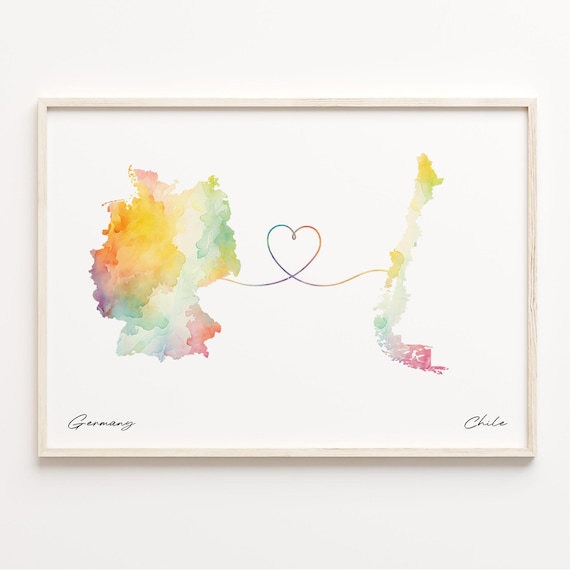 Germany to Chile Watercolor Map Heart Connection Travel Poster