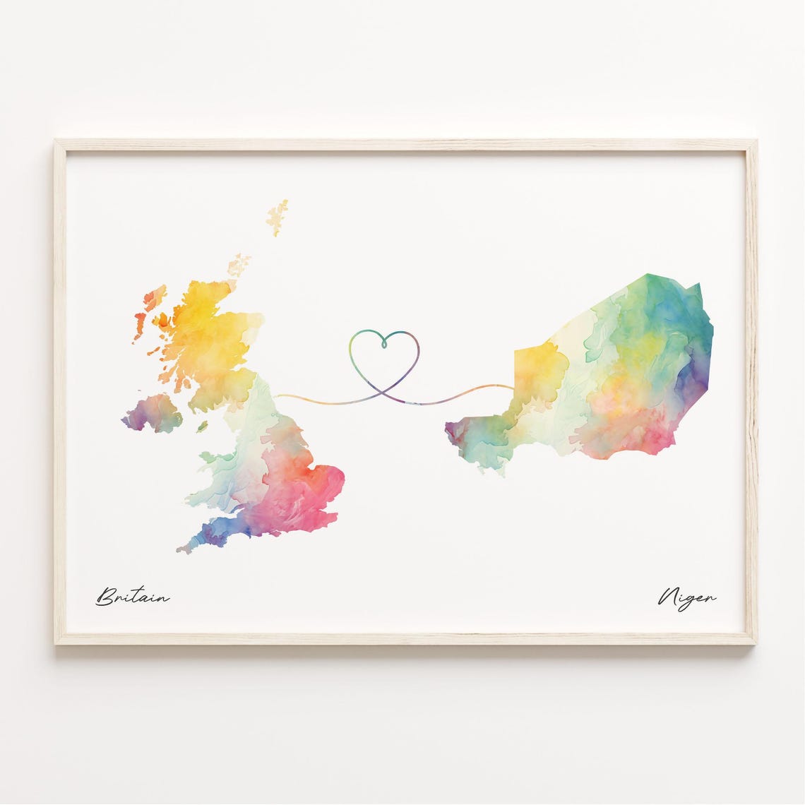 Britain to Niger Watercolor Heart Map Long Distance Connection Poster