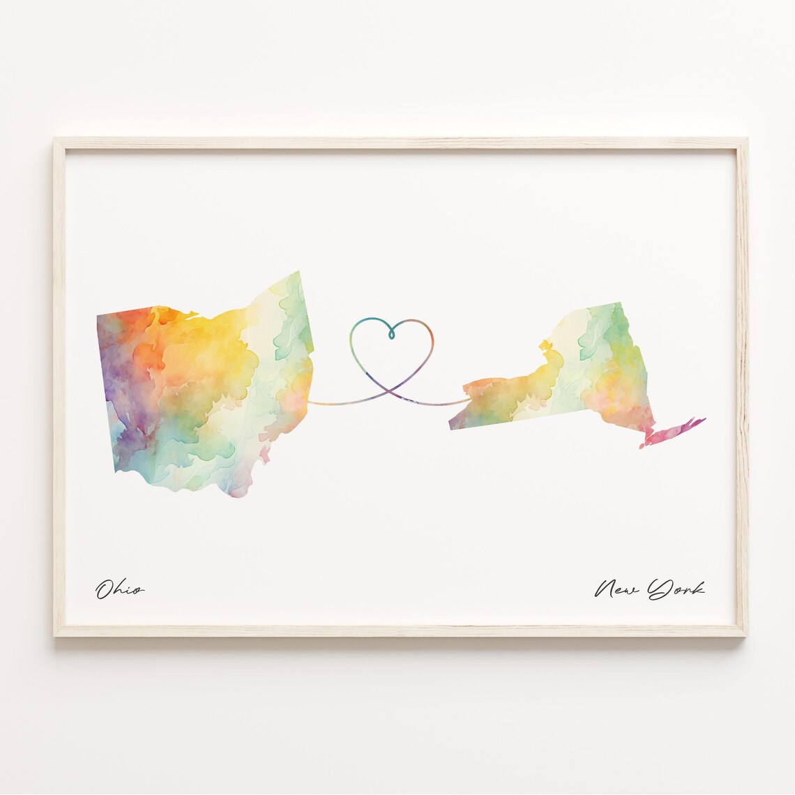 Ohio to New York Watercolor State Map Heart Connection Long Distance Love Print