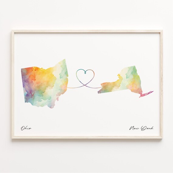 Ohio to New York Watercolor State Map Heart Connection Long Distance Love Print