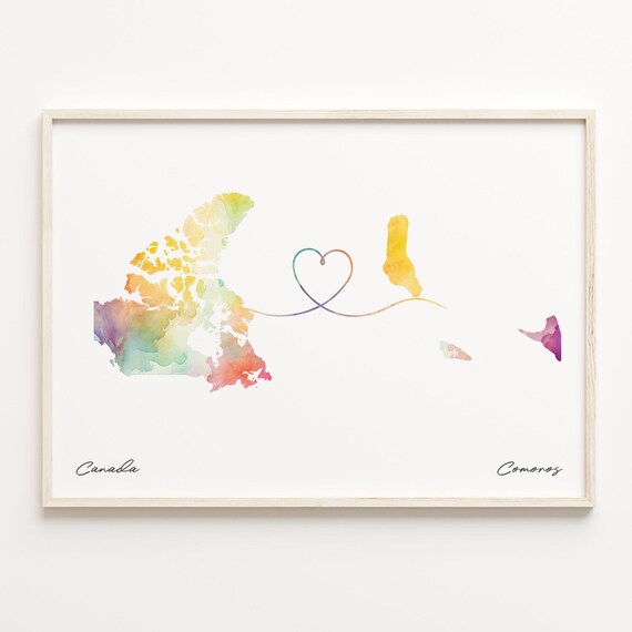 Canada to Comoros Watercolor Map Poster - Heart Line Long Distance Gift