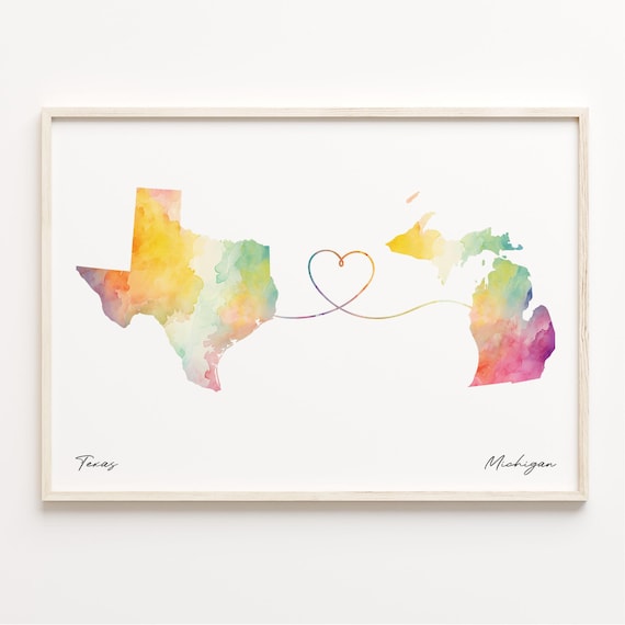 Texas To Michigan Watercolor Heart Line Long Distance State Map Print