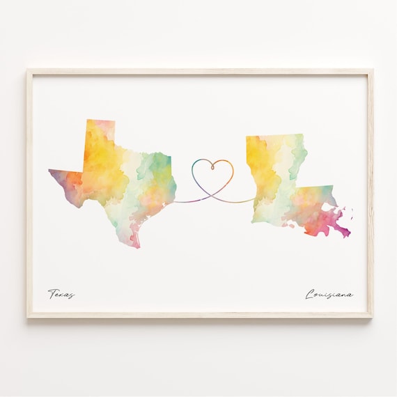 Texas to Louisiana Watercolor Map Heart Print Long Distance Love
