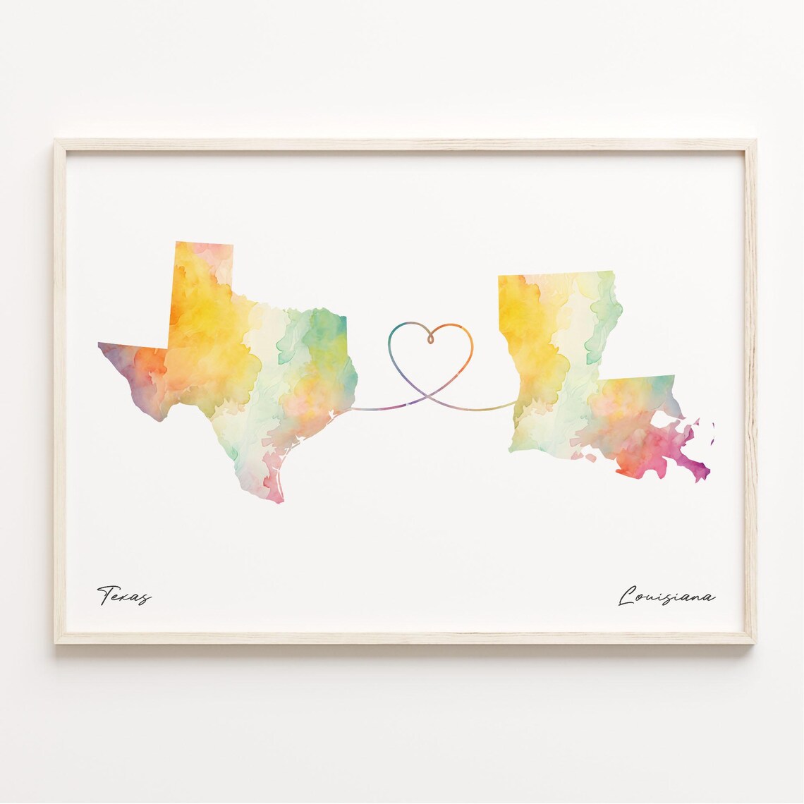 Texas to Louisiana Watercolor Map Heart Print Long Distance Love