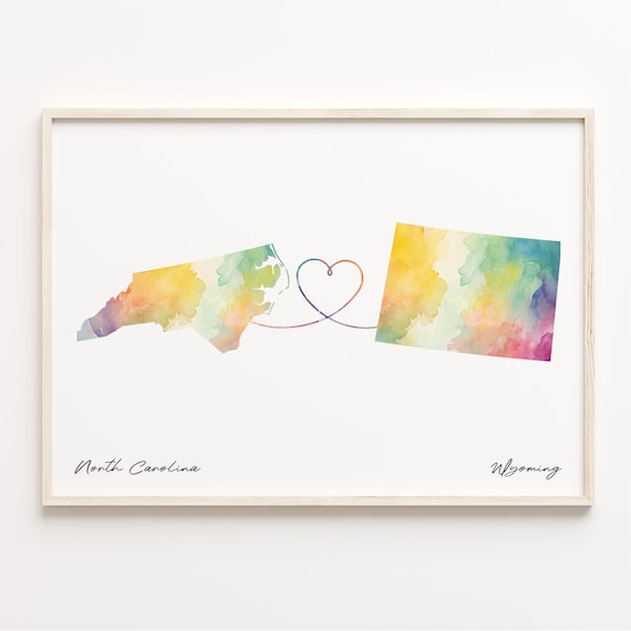 North Carolina to Wyoming Watercolor Map Heart Distance Love Poster