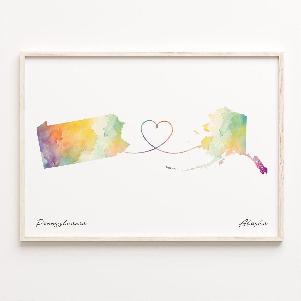 Pennsylvania To Alaska Watercolor Heart Map Long Distance Poster