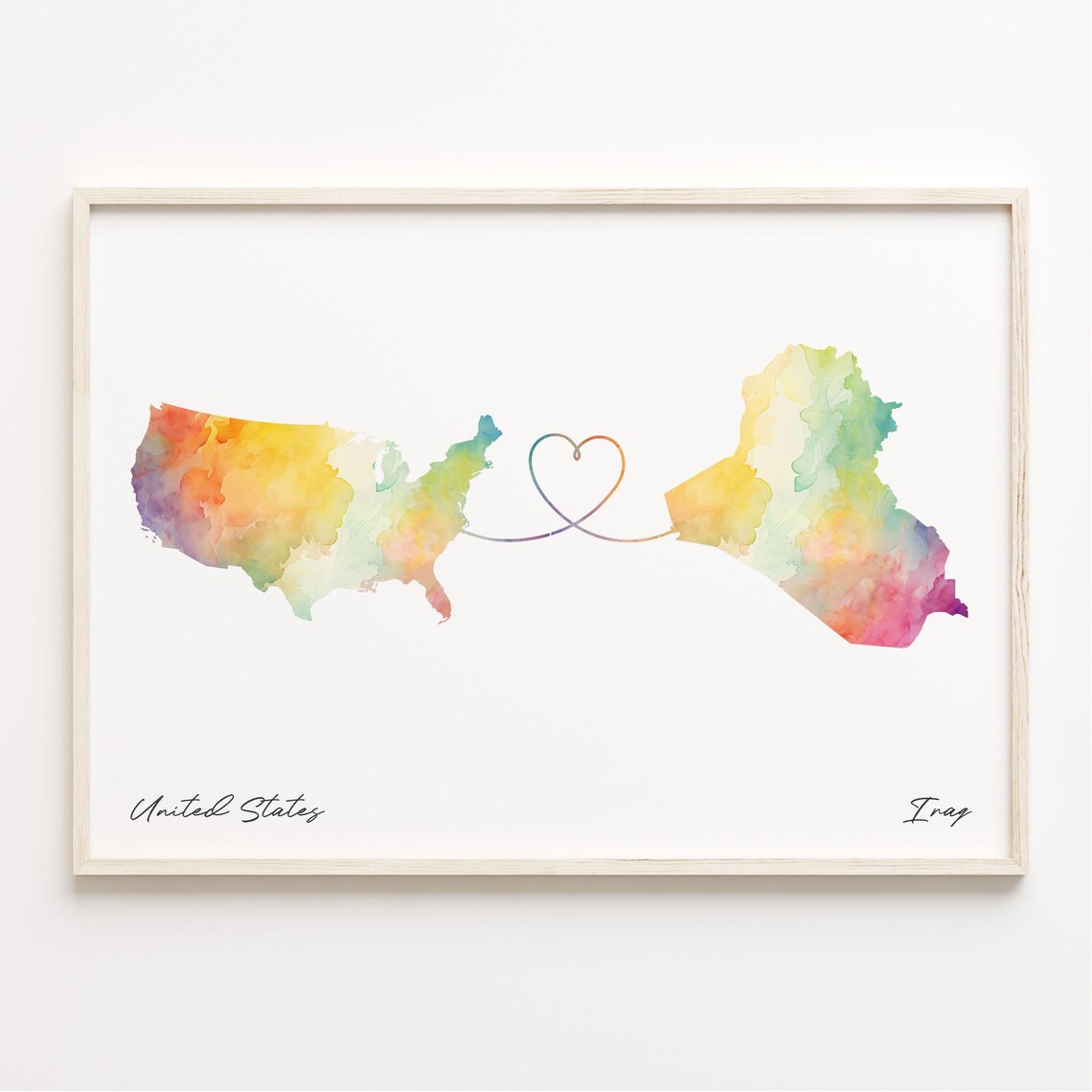 United States To Iraq Watercolor Long Distance Heart Map Art Poster