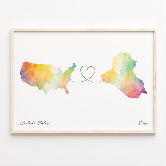 United States To Iraq Watercolor Long Distance Heart Map Art Poster