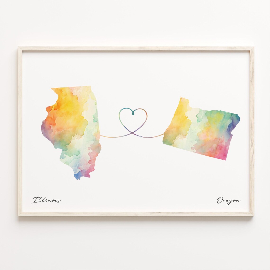 Illinois to Oregon Long Distance Heart Watercolor Map Poster
