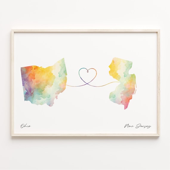 Ohio to New Jersey Watercolor Heart Map Long Distance Love Print