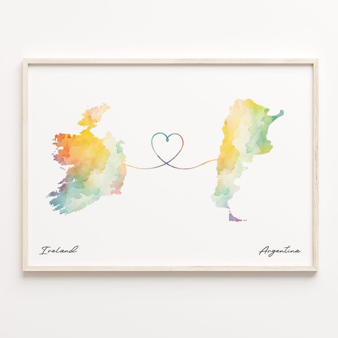 Ireland and Argentina Watercolor Heart Map Connection Poster