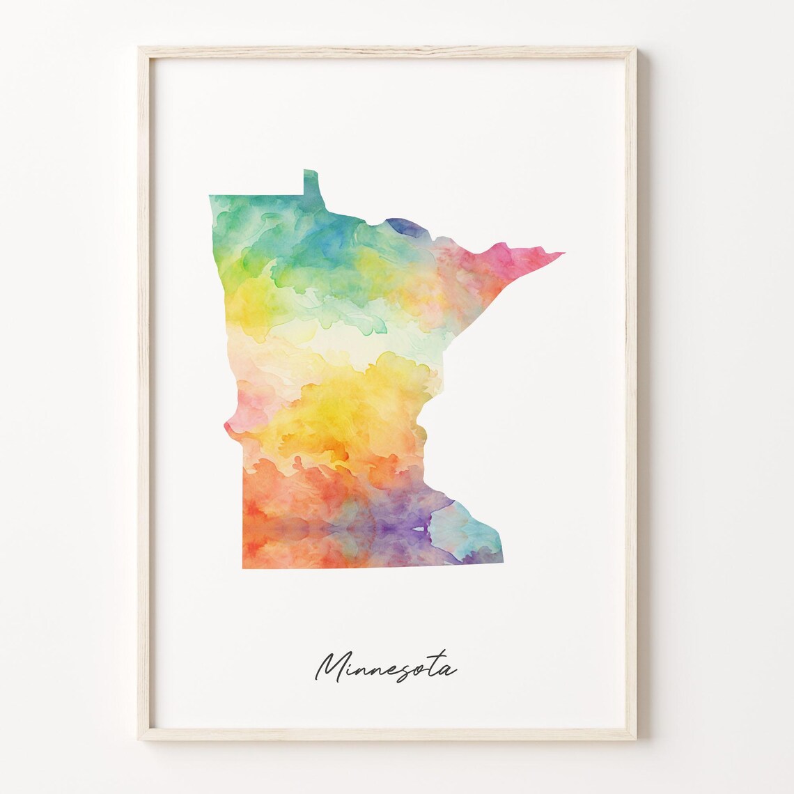 Minnesota Watercolor Map Print, Vibrant Travel Poster