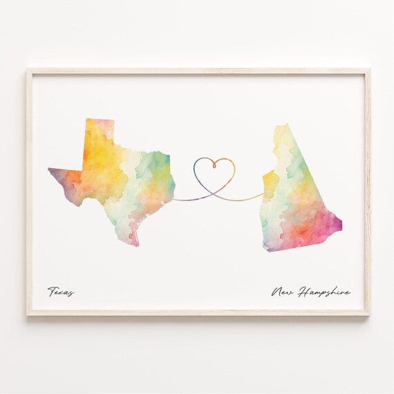 Texas to New Hampshire Watercolor Map Heart Connection Print