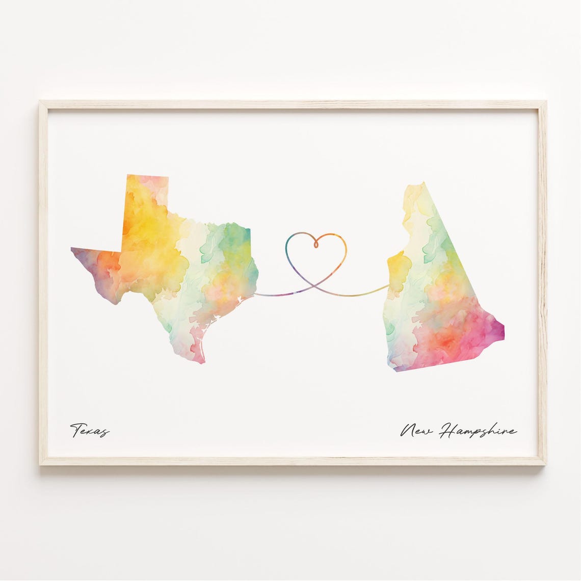 Texas to New Hampshire Watercolor Map Heart Connection Print