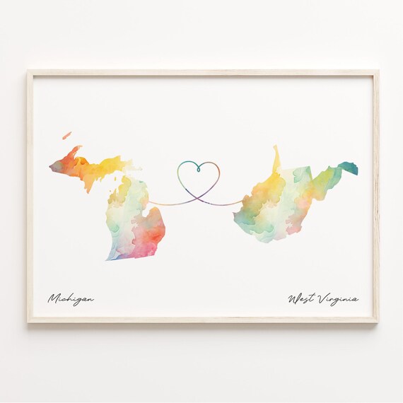 Michigan to West Virginia Watercolor Heart Map Connection Poster