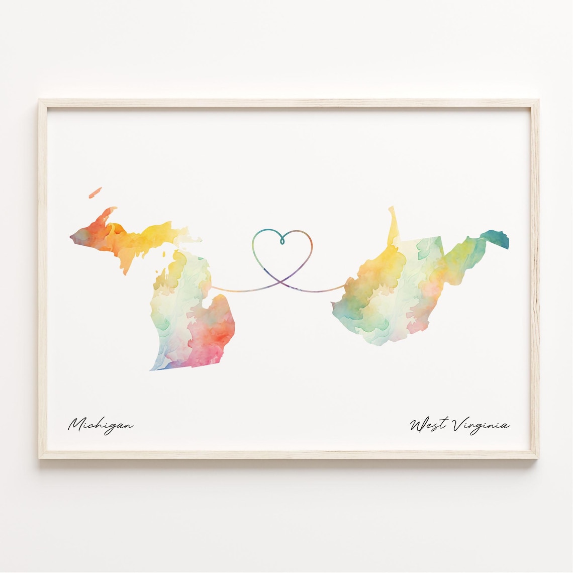 Michigan to West Virginia Watercolor Heart Map Connection Poster