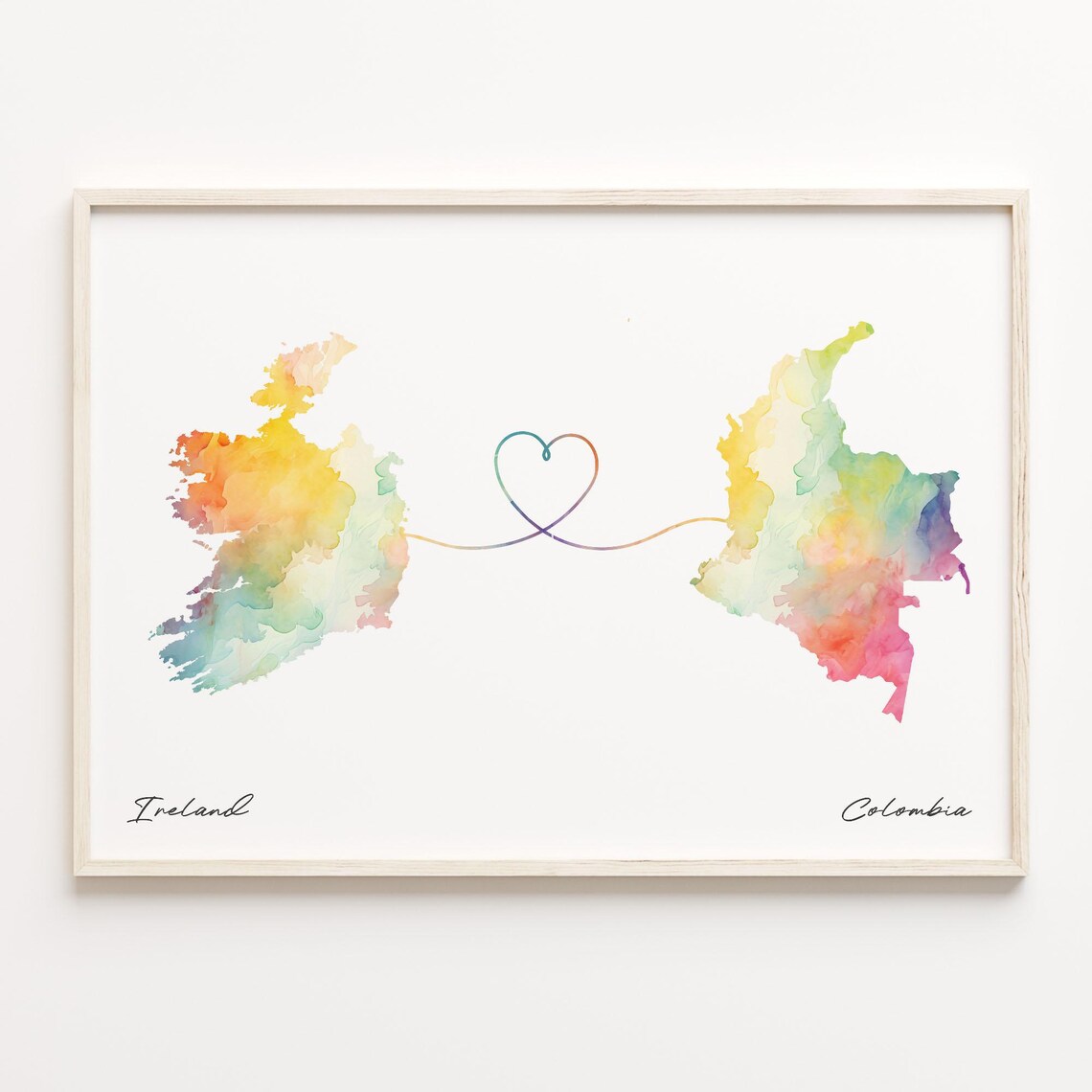 Ireland to Colombia Heart Map Long Distance Love Keepsake Art Print