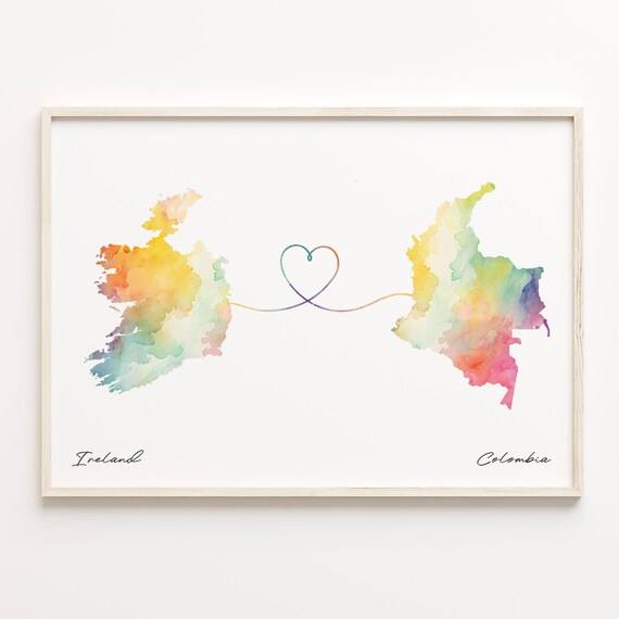 Ireland to Colombia Heart Map Long Distance Love Keepsake Art Print