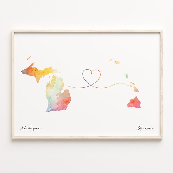 Michigan To Hawaii Watercolor Map Heart Long Distance Love Poster